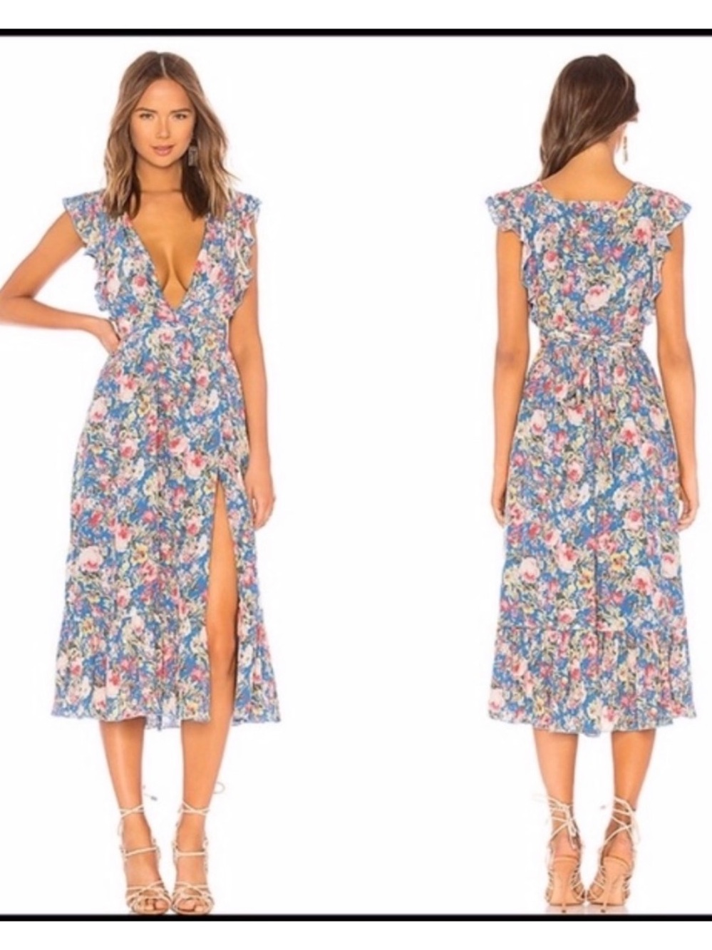 MAJORELLE Revolve Mistwood Blue Floral Midi Wrap Dress - Small. Like new